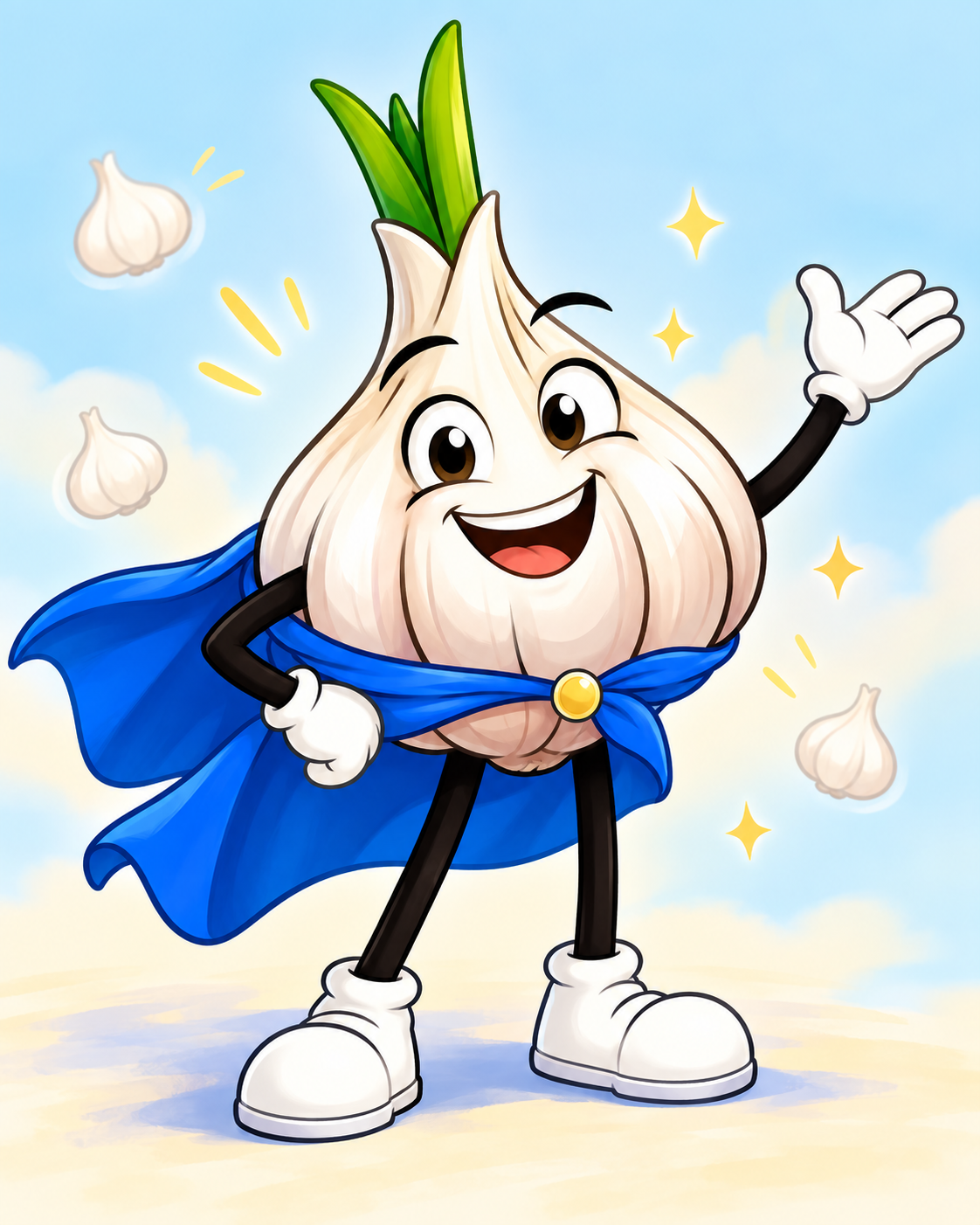 Gary the Garlic wearing his blue superhero cape